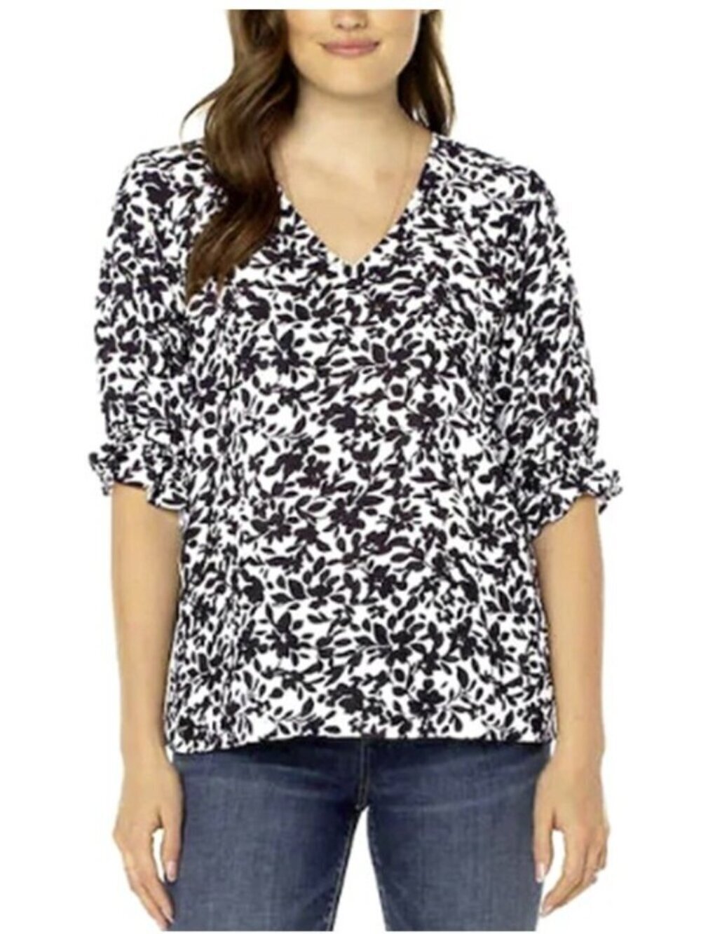 Well Worn Brand New Floral V-neck Elbow Sleeve Ruffle Top Blouse Black White L